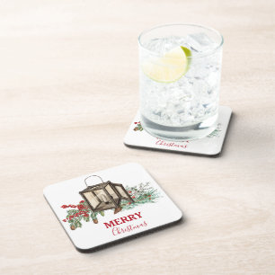 Rustic Watercolor Christmas Lantern Pine Berries Coaster