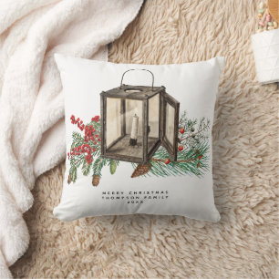 Rustic Watercolor Christmas Lantern Pine Berries Cushion