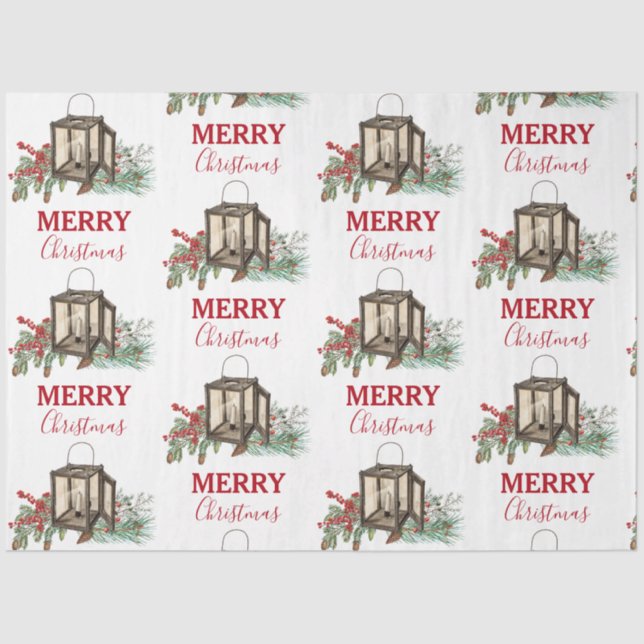 Rustic Watercolor Christmas Lantern Pine Berries Tissue Paper (Front)