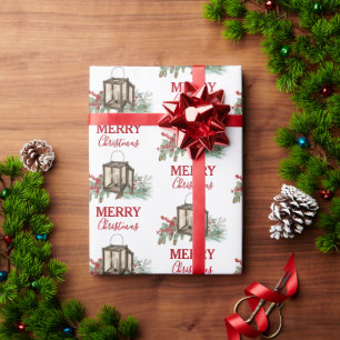 Rustic Watercolor Christmas Lantern Pine Berries Wrapping Paper