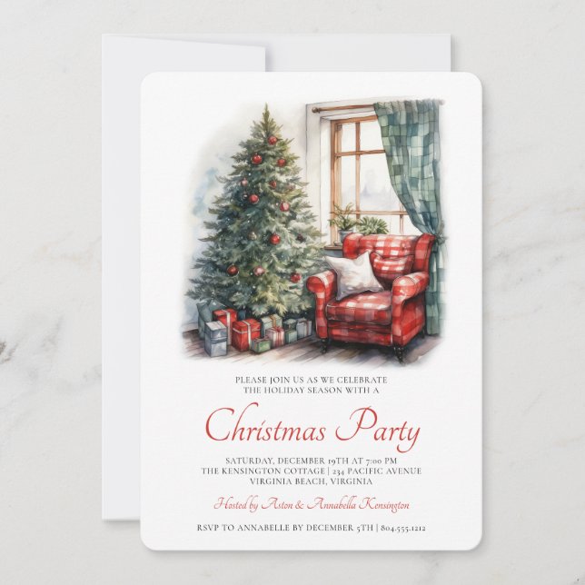 Rustic Watercolor Christmas Party Invitation  (Front)