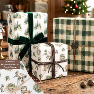 Rustic Watercolor Christmas Pine Plaid Custom Name Wrapping Paper Sheet