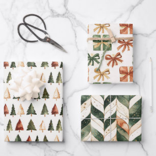 Rustic Watercolor Christmas Set of 3 Wrapping Paper Sheet