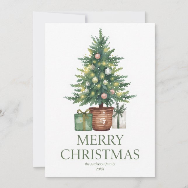 Rustic Watercolor Christmas Tree Non-Photo Holiday Card (Front)