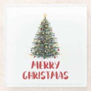 Rustic Watercolor Christmas Tree Xmas Holidays Glass Coaster
