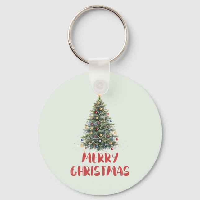 Rustic Watercolor Christmas Tree Xmas Holidays Key Ring (Front)