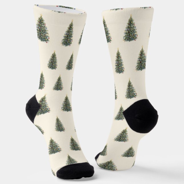 Rustic Watercolor Christmas Tree Xmas Holidays Socks (Angled)
