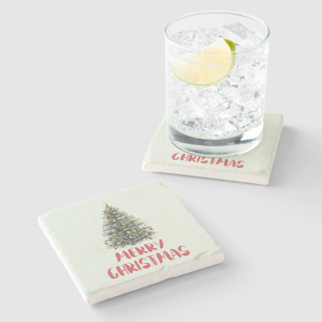 Rustic Watercolor Christmas Tree Xmas Holidays Stone Coaster (Side)