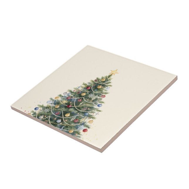 Rustic Watercolor Christmas Tree Xmas Holidays Tile (Side)