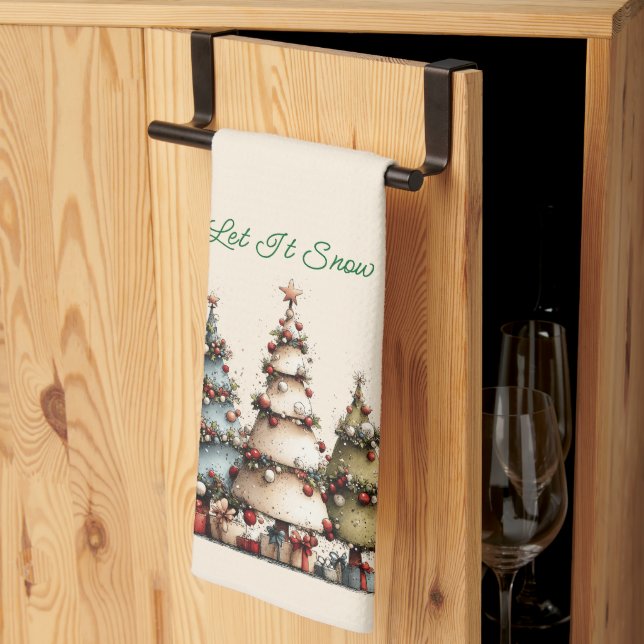 Rustic Watercolor Christmas Trees Let It Snow  Tea Towel (Thirds Fold)