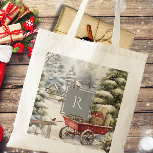 Rustic Watercolor Christmas Trees Monogram Tote Bag