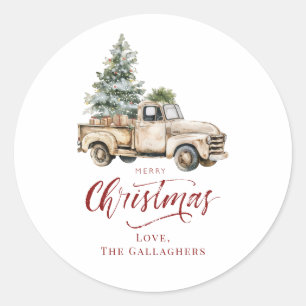 Rustic Watercolor Christmas Truck Vintage Holiday Classic Round Sticker