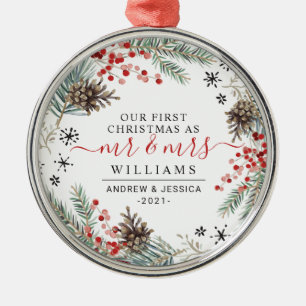 Rustic Watercolor Christmas Wreath Mr. & Mrs. Metal Tree Decoration