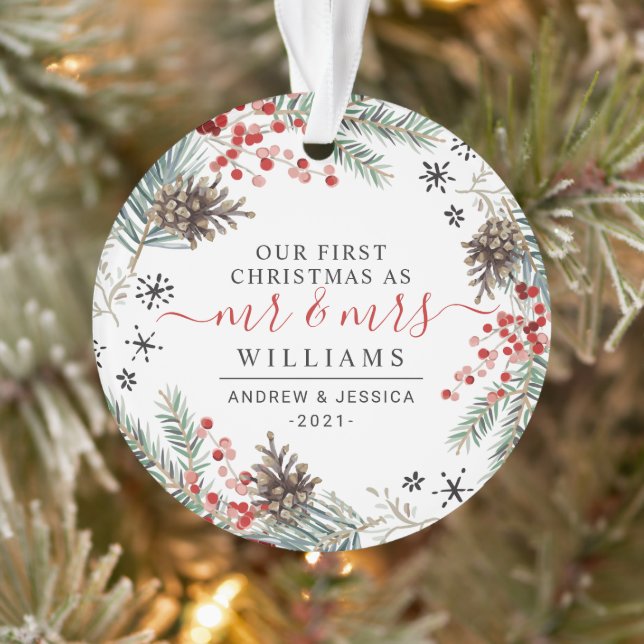 Rustic Watercolor Christmas Wreath | Mr. & Mrs. Ornament (Tree)