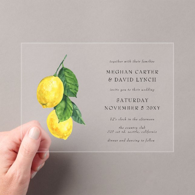 Rustic Watercolor Citrus Lemon Wedding Acrylic Invitations (Insitu (Handheld))