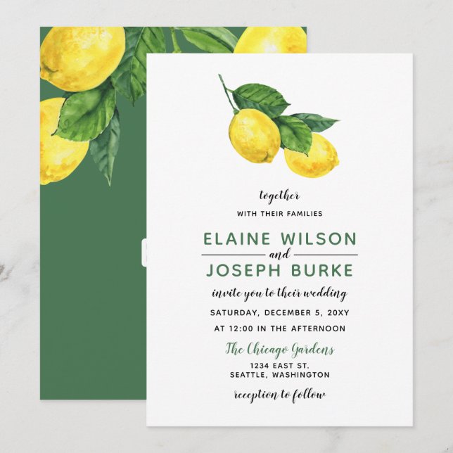 Rustic Watercolor Citrus Lemon Wedding Invitation (Front/Back)