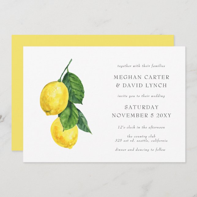 Rustic Watercolor Citrus Lemon Wedding Invitation (Front/Back)
