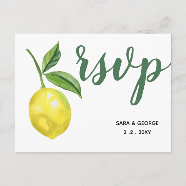 Rustic Watercolor Citrus Lemon Wedding RSVP Card (Front)