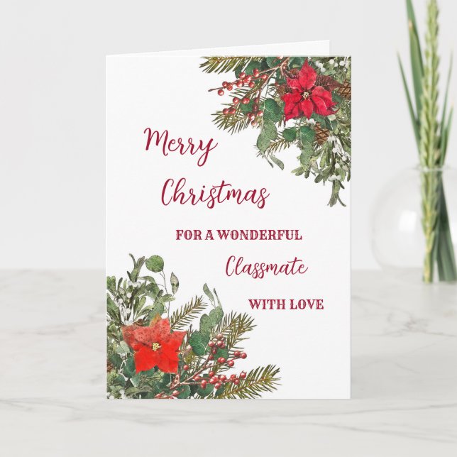 Rustic Watercolor Classmate Merry Christmas Card (Front)