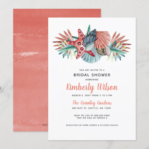 Rustic Watercolor Coral Blue Beach Bridal Shower Invitation