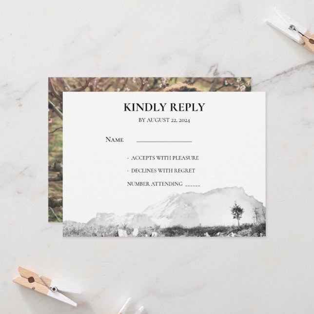 Rustic watercolor country mountain RSVP photo Invitation (Front/Back In Situ)