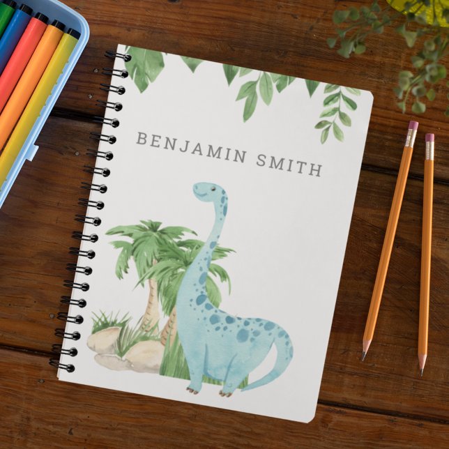 Rustic Watercolor Cute Dinosaur Personalised Name Notebook (Creator Uploaded)