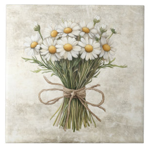 Rustic Watercolor Daisies with Twine Design Tile