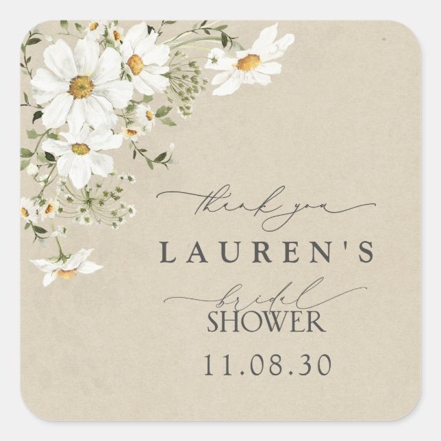 Rustic Watercolor Daisy Bridal Shower Thank You Square Sticker (Front)