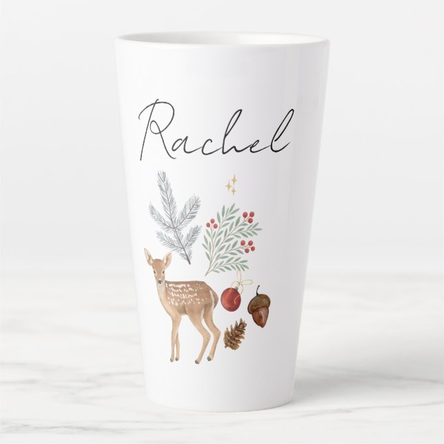 Rustic Watercolor Deer and Botanicals Christmas Latte Mug (Front)