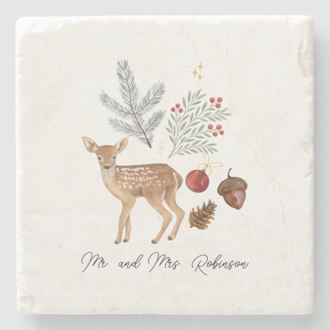 Rustic Watercolor Deer and Botanicals Christmas Stone Coaster (Front)