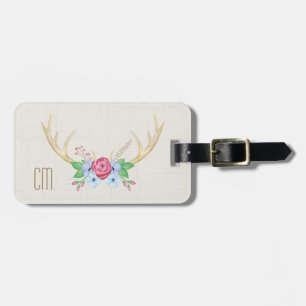 Rustic Watercolor Deer Antlers with Flowers Luggage Tag
