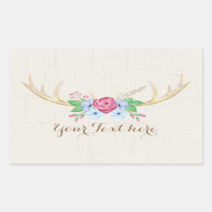 Rustic Watercolor Deer Antlers with Flowers Rectangular Sticker