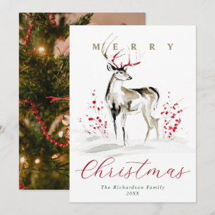 Rustic Watercolor Deer & Berries Christmas Photo Holiday Card