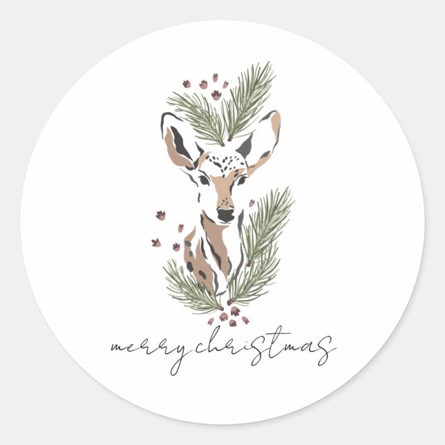 Rustic Watercolor Deer Merry Christmas Classic Round Sticker (Front)
