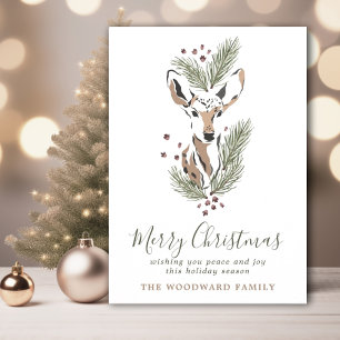 Rustic Watercolor Deer Pine Merry Christmas Card