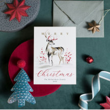 Rustic Watercolor Deer & Red Berries Christmas