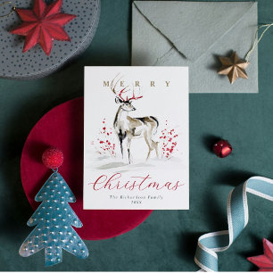 Rustic Watercolor Deer & Red Berries Christmas Holiday Card