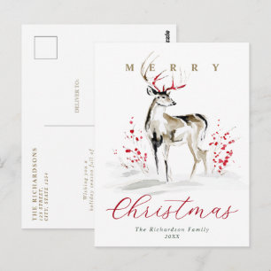 Rustic Watercolor Deer & Red Berries Christmas Postcard