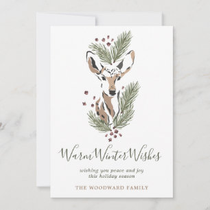 Rustic Watercolor Deer Warm Winter Wishes Holiday Card
