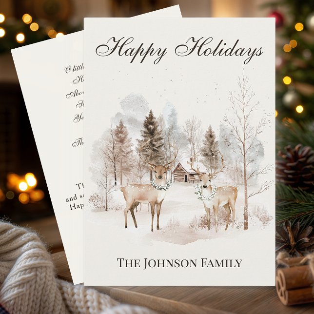 Rustic Watercolor Deer Winter Forest Holiday Card (Creator Uploaded)