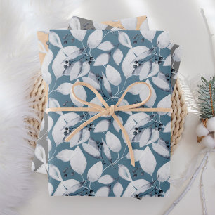 Rustic Watercolor Dusty Blue Leaves Winter Wrapping Paper Sheet