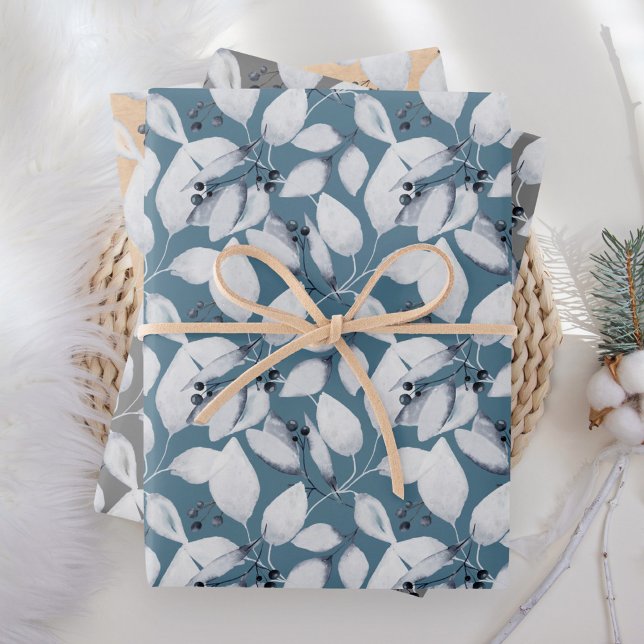 Rustic Watercolor Dusty Blue Leaves Winter Wrapping Paper Sheet (Creator Uploaded)