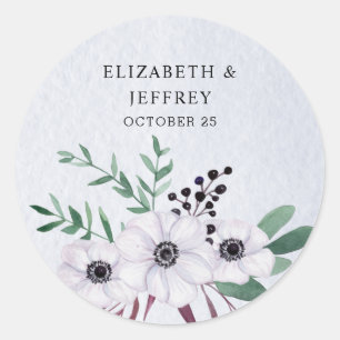 Rustic Watercolor Dusty Blue White Floral Wedding  Classic Round Sticker