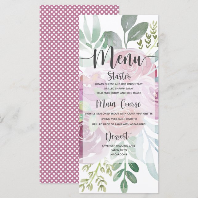 Rustic Watercolor Dusty Rose & Burgundy Wedding  Menu (Front/Back)