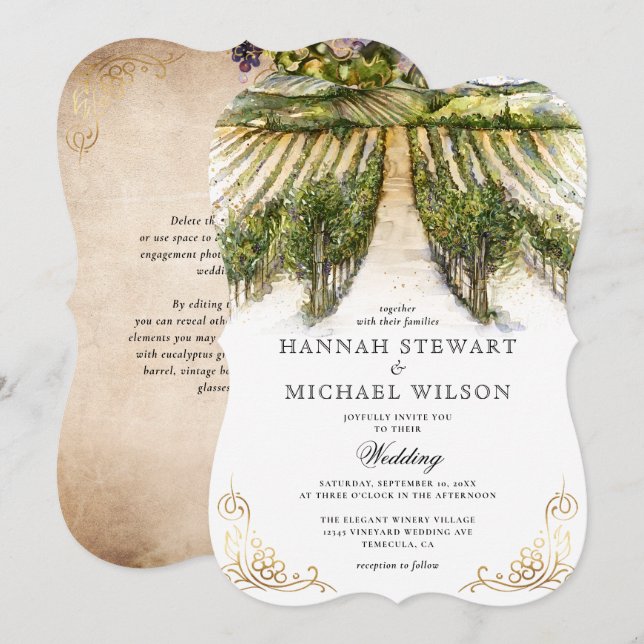 Rustic Watercolor Elegant Vineyard Wedding Invitation (Front/Back)