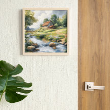 Rustic Watercolor English Cottage by the Stream