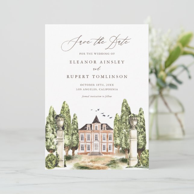 Rustic Watercolor English Manor House Save The Date (Standing Front)