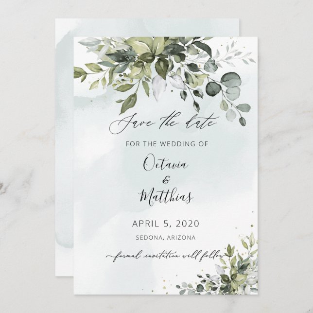 Rustic Watercolor Eucalptus Greenery Save the Date Invitation (Front/Back)