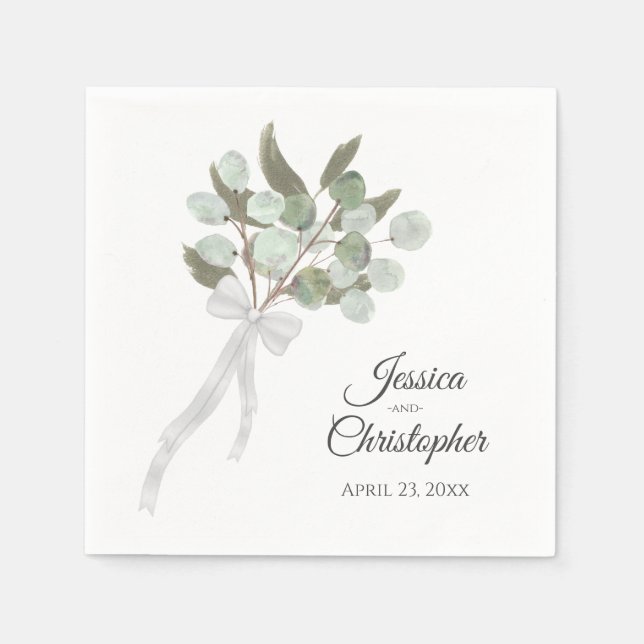 Rustic Watercolor Eucalyptus Bouquet Chic Wedding Napkin (Front)