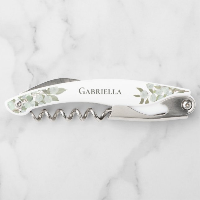 Rustic Watercolor Eucalyptus Bridesmaid Name Corkscrew (Back)